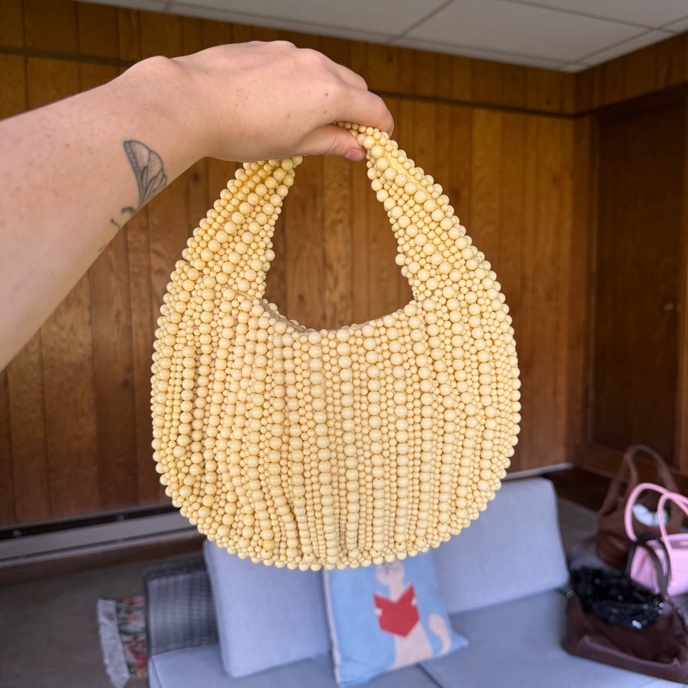 Beaded Crescent handbag in Pale Yellow